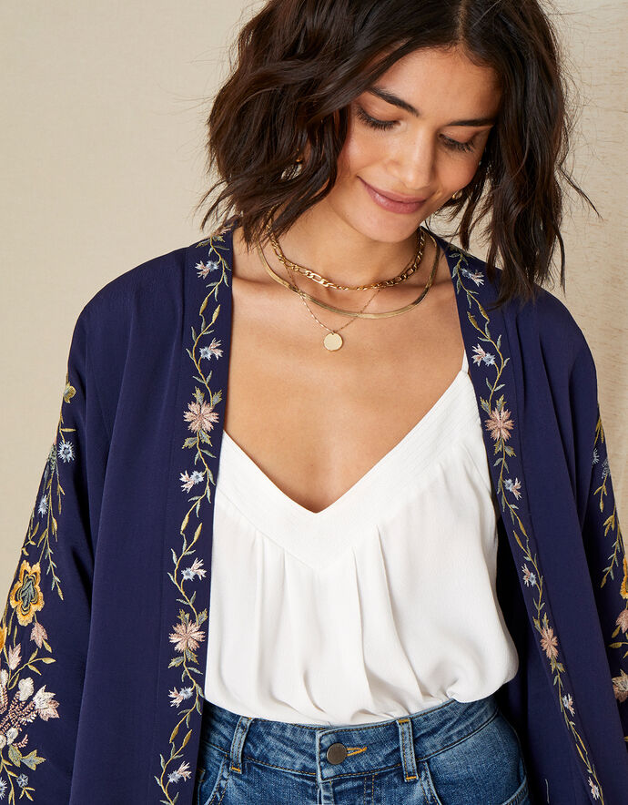 Floral Embroidered Short KImono Blue Women's Jackets Monsoon UK.