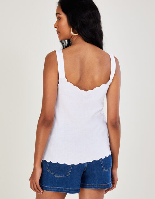 Scallop Plain Cami Top in Linen Blend, White (WHITE), large