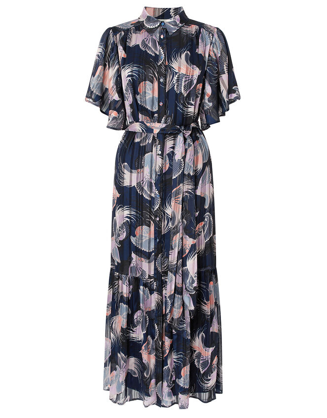 Birdie Print Burnout Pleated Shirt Dress, Blue (NAVY), large