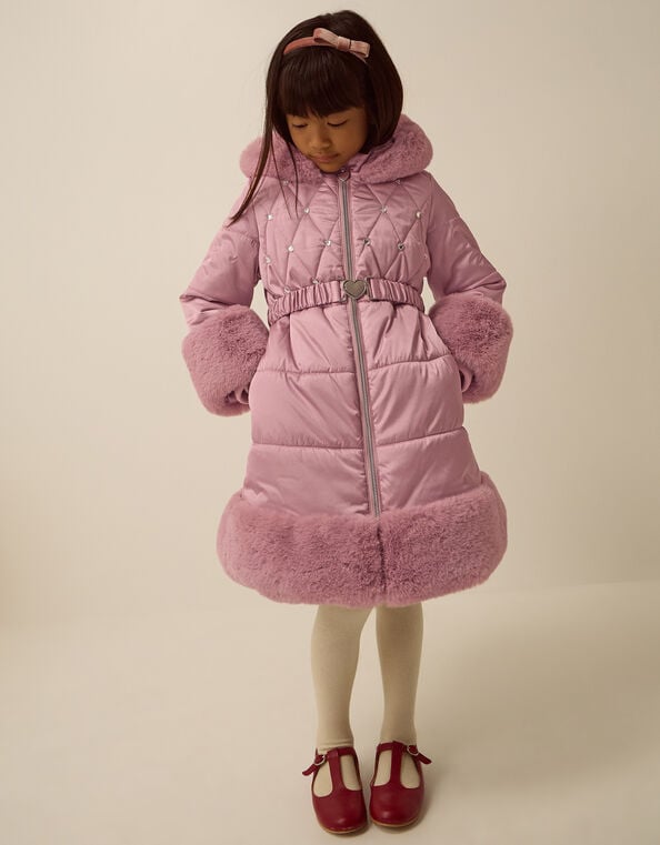 Jewel Heart Quilted Puffer Coat, Pink (PINK), large