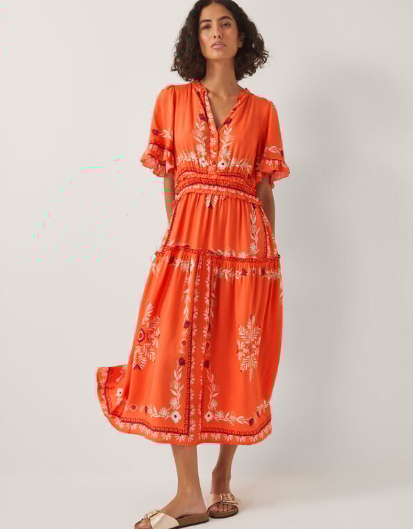 Lenora Flutter Sleeve Floral Midi Dress, Orange (CORAL), large