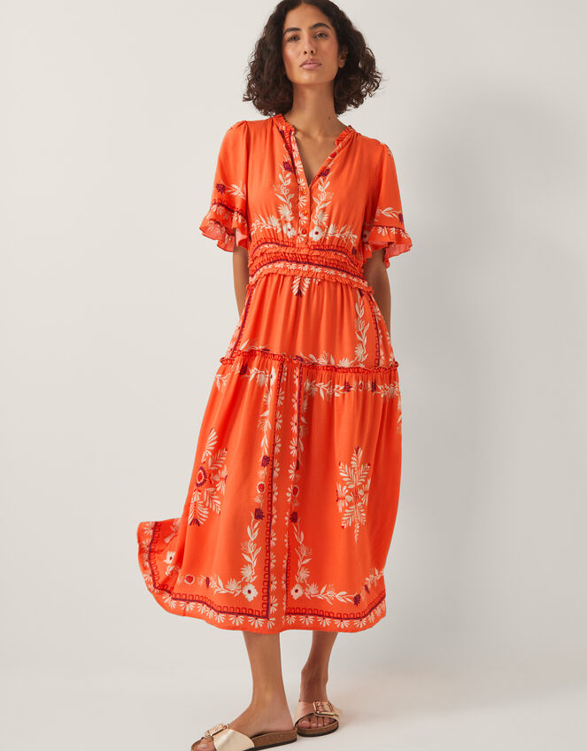 Lenora Flutter Sleeve Floral Midi Dress, Orange (CORAL), large