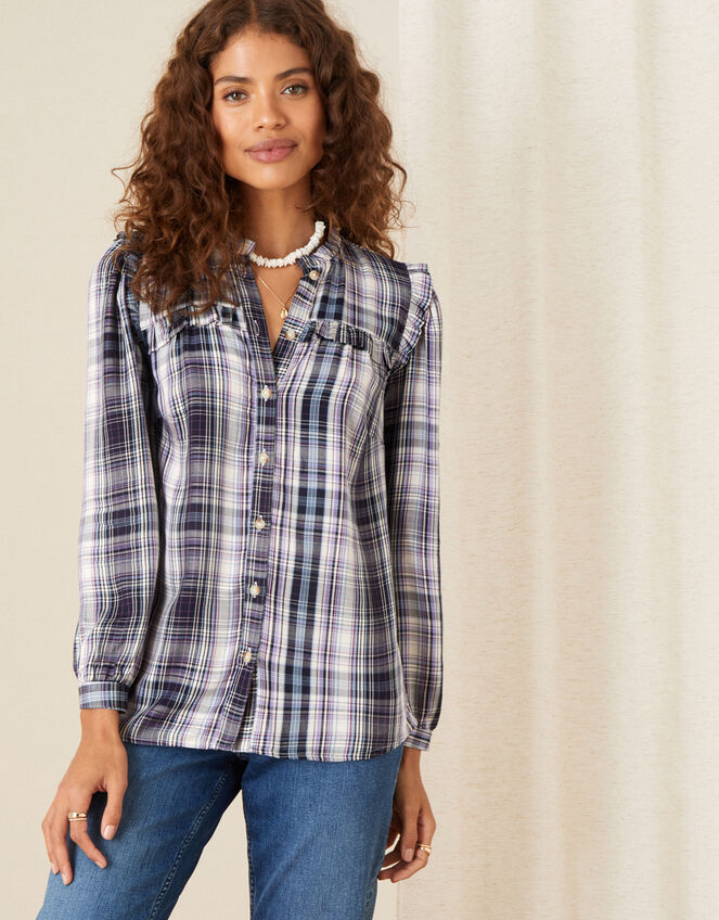 Frill Neck Check Shirt, Blue (NAVY), large