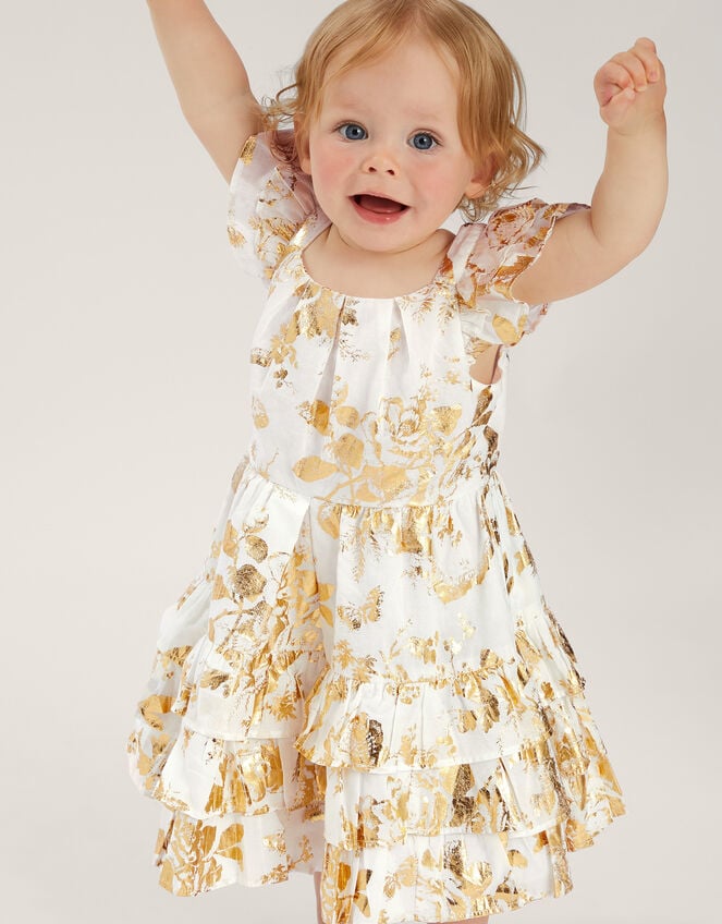 Baby Foil Floral Print Tiered Dress, Ivory (IVORY), large