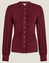 Jayne Ruched Frill Jersey Blouse, Red (BURGUNDY), large