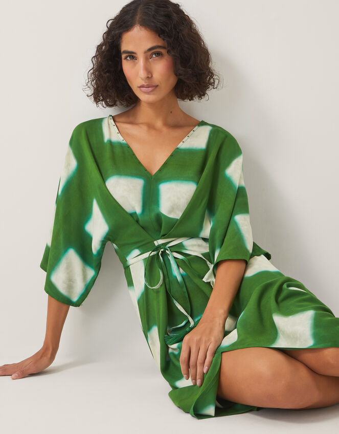 Halia Geometric Tie Dye Kaftan Dress, Green (GREEN), large
