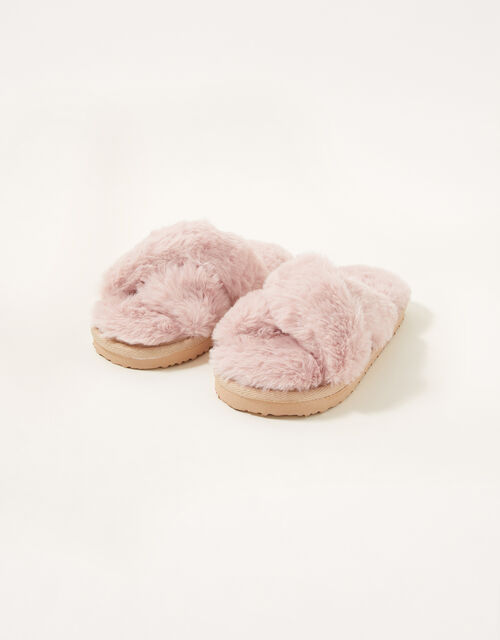 Cross Strap Fluffy Sliders, Pink (PINK), large
