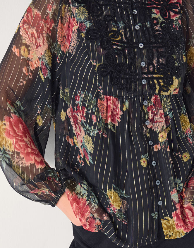 Azami Shimmer Stripe Floral Blouse, Black (BLACK), large
