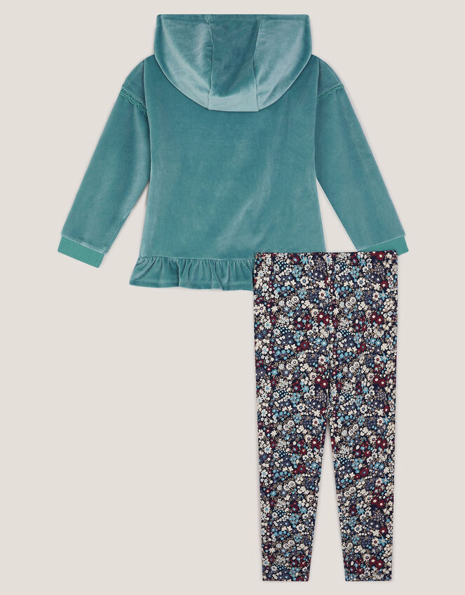 Embellished Velour Hoodie & Floral Leggings Set, Green (GREEN), large