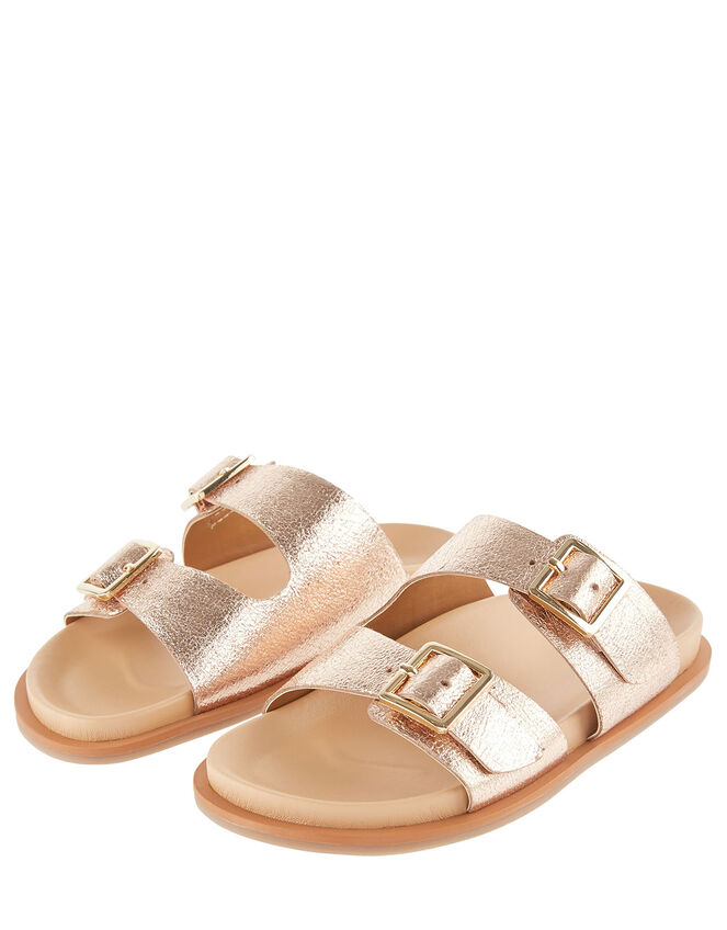 Metallic Buckle Sandals, Gold (ROSE GOLD), large
