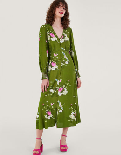 Drew Floral Print Tea Dress in Sustainable Viscose, Green (GREEN), large
