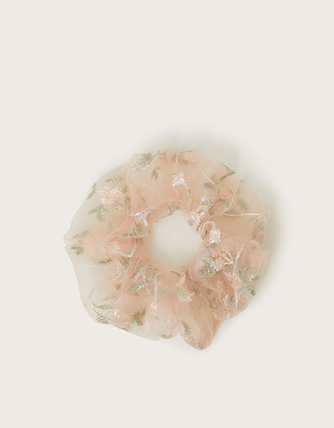 Floral Embroidered Tulle Hair Scrunchie, , large