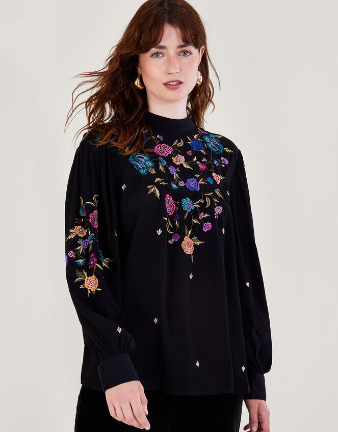 Freya Embroidered Bib Blouse, Black (BLACK), large