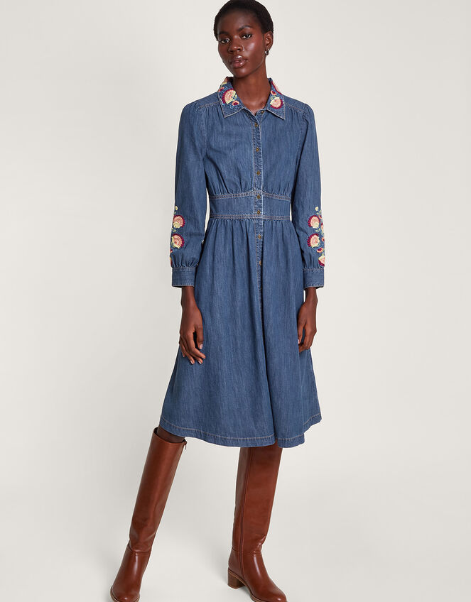 Embroidered Denim Midi Shirt Dress, Blue (DENIM BLUE), large