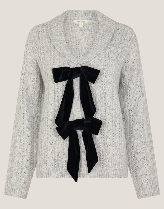 Bria Bow Cable Knit Cardigan, Grey (GREY), large