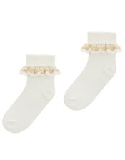 Chloe Metallic Lace Ankle Socks, Ivory (IVORY), large