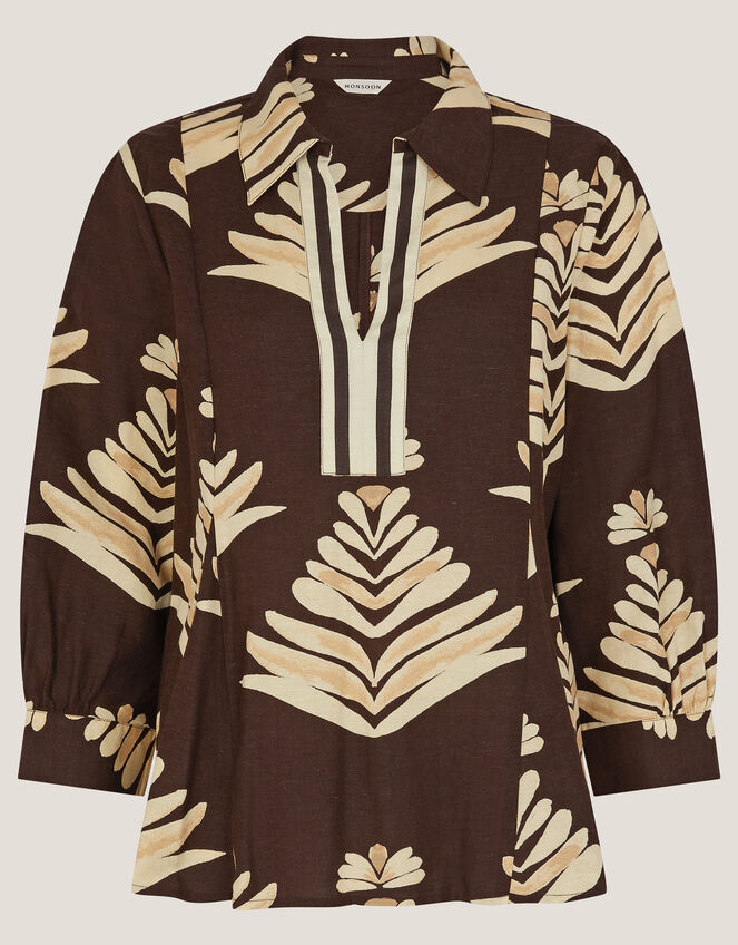 Pamela Linen Blend Leaf Print Top Brown