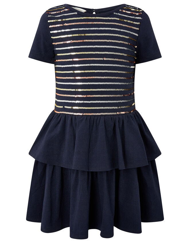 Sequin Stripe Tiered Jersey Dress, Blue (NAVY), large