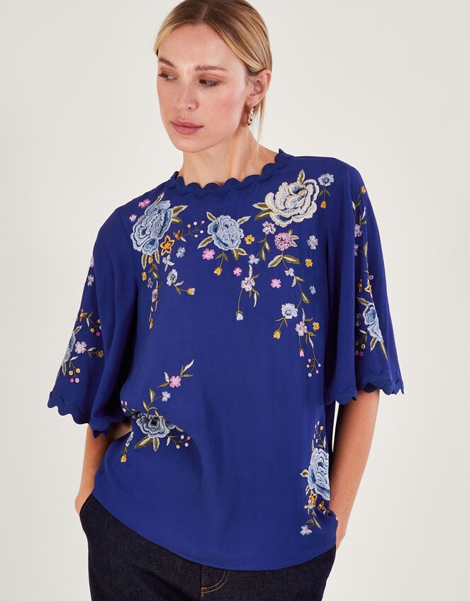 Olla Embroidered Floral Kimono Top, Blue (BLUE), large