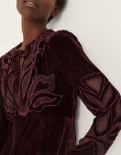 Ezra Embroidered Velvet Midi Dress, Purple (AUBERGINE), large