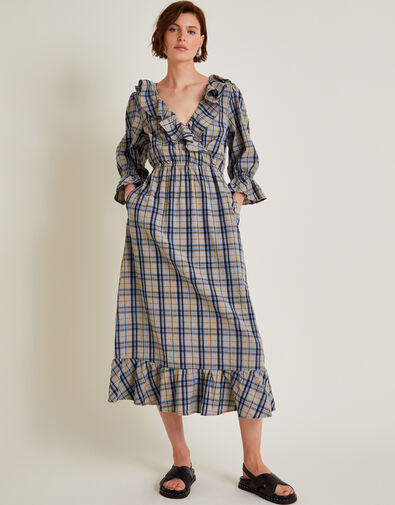 Daisy Check V-Neck Midi Dress, Natural (NATURAL), large