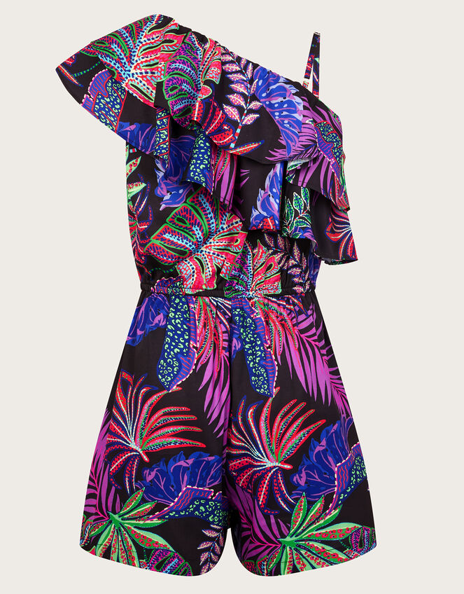Tropical Print One-Shoulder Playsuit, Black (BLACK), large