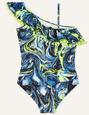 Marble Print One-Shoulder Pom-Pom Swimsuit, Black (BLACK), large