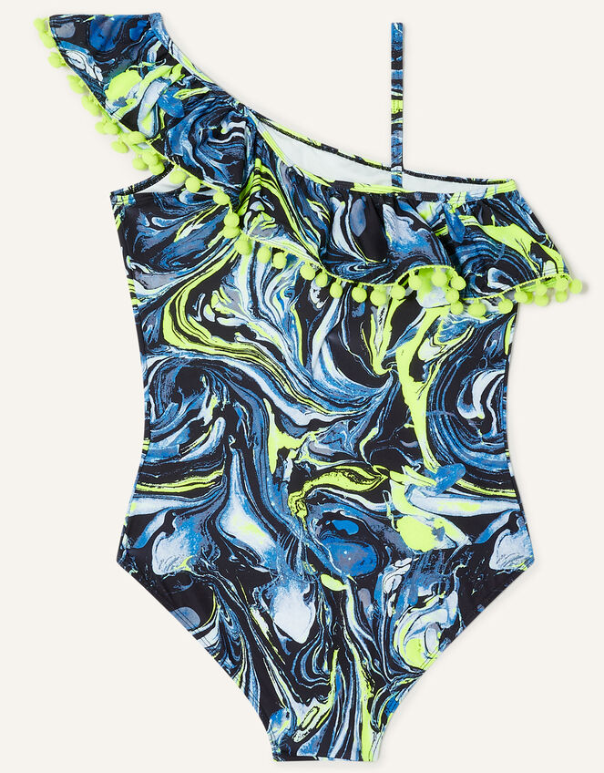 Marble Print One-Shoulder Pom-Pom Swimsuit, Black (BLACK), large