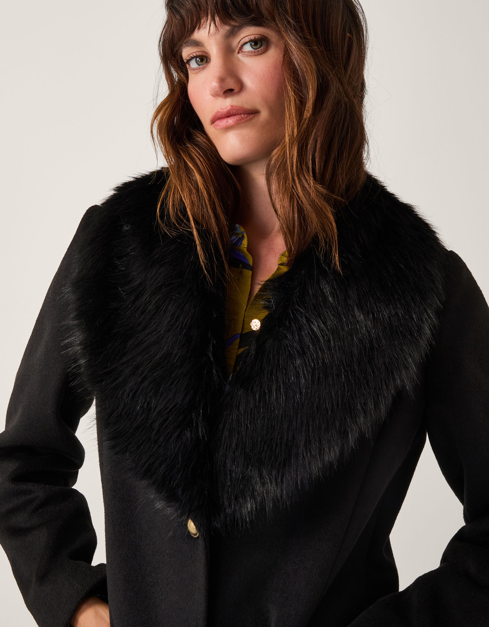 Fearne Faux Fur Collar Long Coat Black | Women's Coats