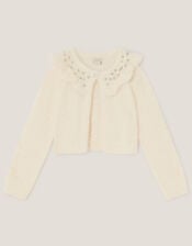Embellished Collar Fuzzy Cardigan, Ivory (IVORY), large