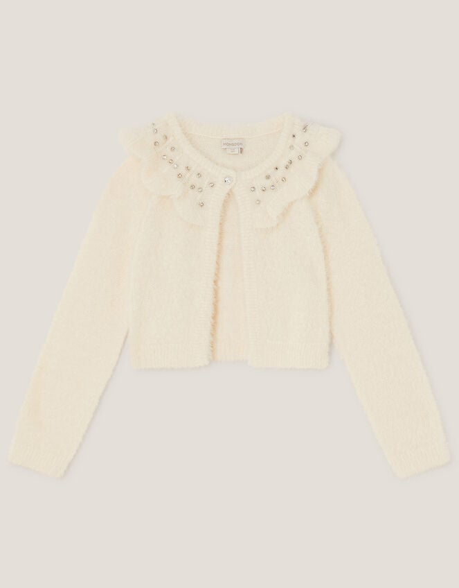 Embellished Collar Fuzzy Cardigan, Ivory (IVORY), large