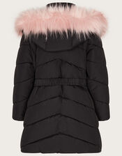Belted Faux Fur Hooded Coat, Black (BLACK), large