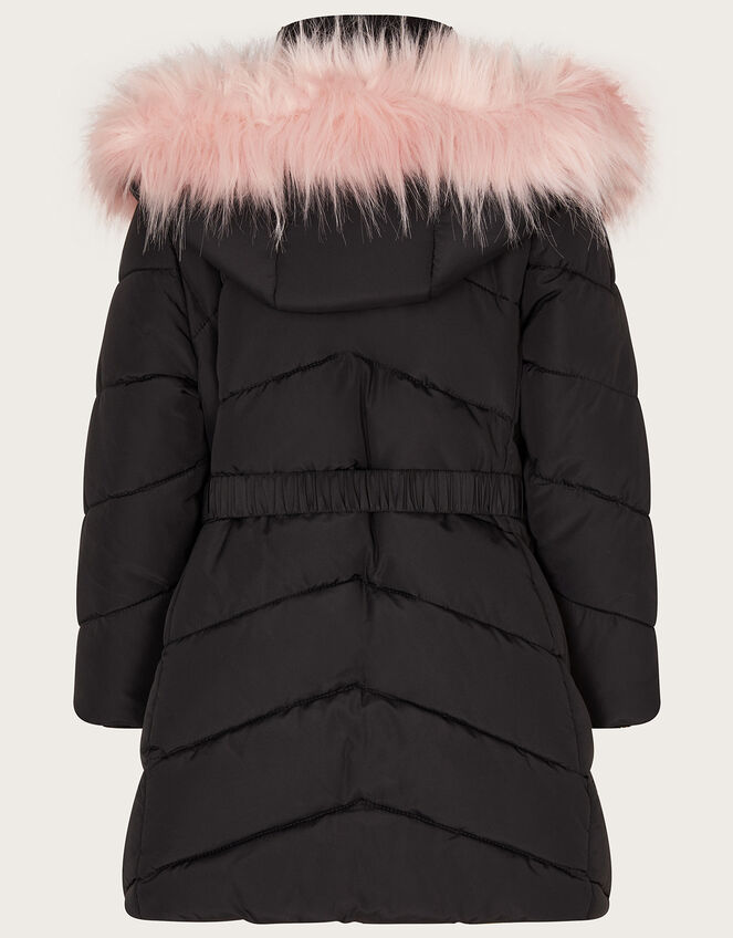 Belted Faux Fur Hooded Coat, Black (BLACK), large