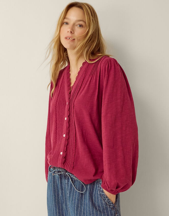 Jenny Pintuck Lace Jersey Blouse, Red (BURGUNDY), large