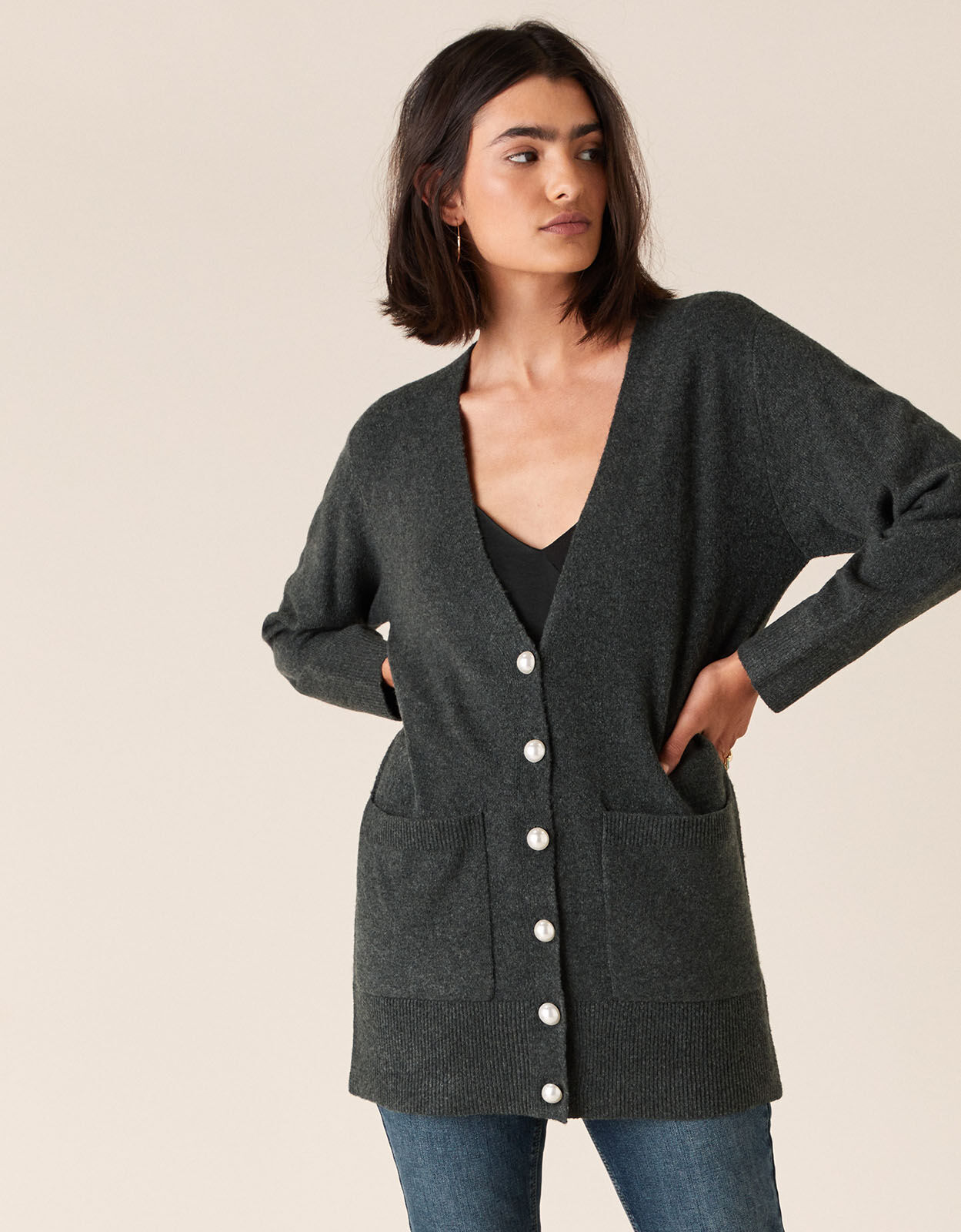 grey button cardigan