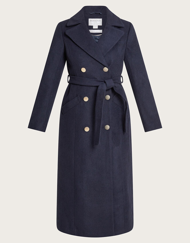 Lola Belted Wool Trench Coat, Blue (NAVY), large