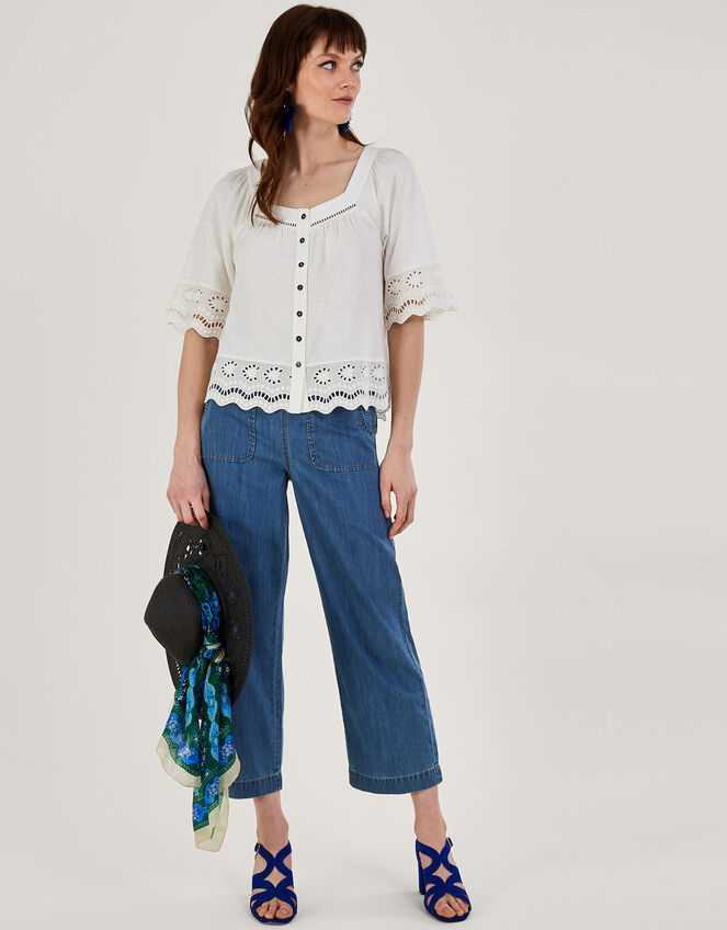 Broderie Trim Button-Through Top Ivory | Tops & T-shirts | Monsoon UK.