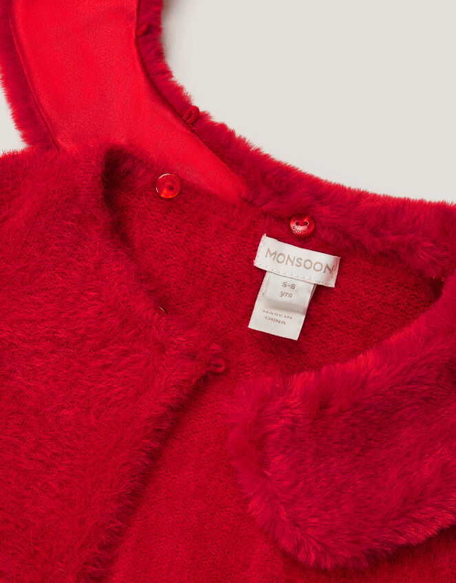 Faux Fur Collar Cardigan, Red (RED), large
