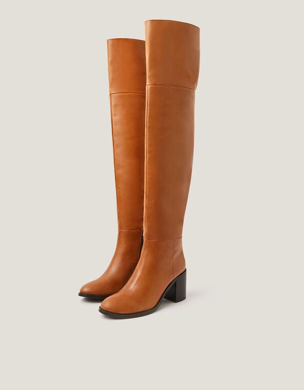 Bronte Leather Thigh High Heeled Boots, Tan (TAN), large