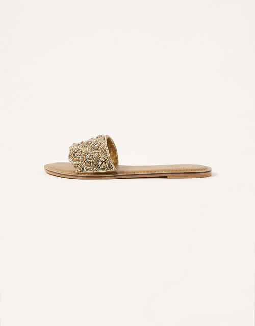 Embellished Scallop Flat Sandals, Natural (NATURAL), large