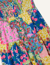 Patchwork Button-Through Shirred Dress , Blue (BLUE), large