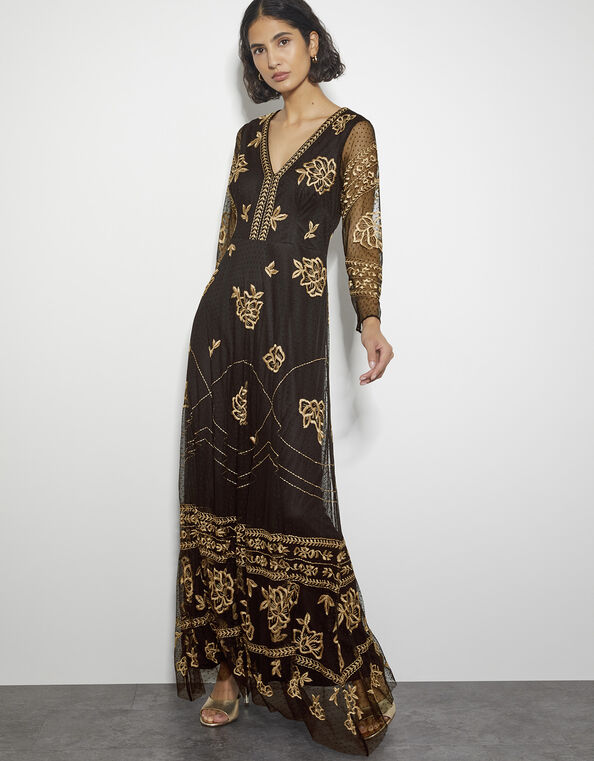 Grace Embroidered Mesh Sleeve Maxi Dress, Black (BLACK), large