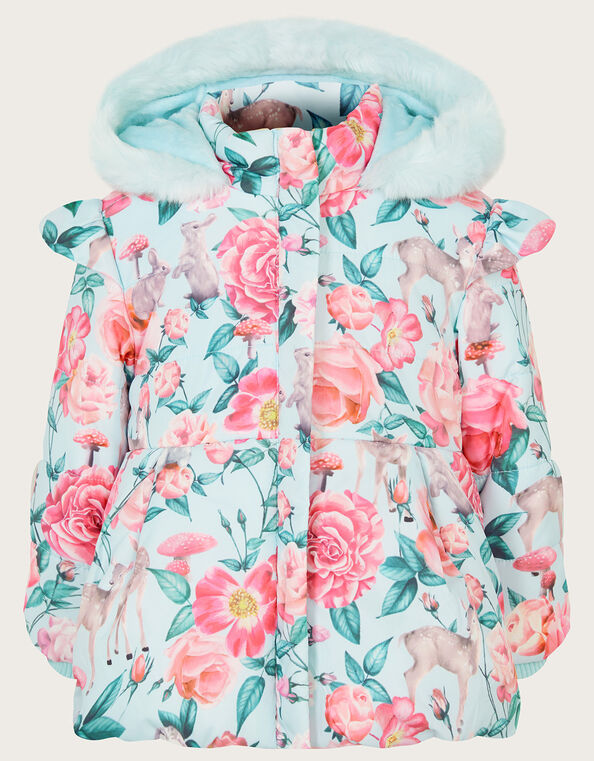 Baby Woodland Print Frill Padded Coat, Blue (AQUA), large