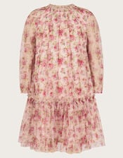 Long Sleeve Floral Frill Dress, Ivory (IVORY), large