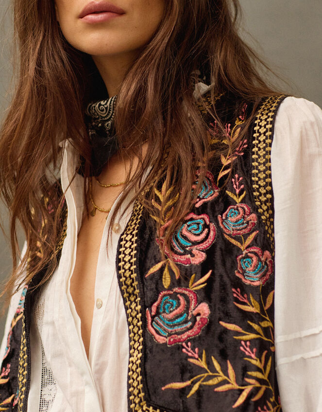 East Talia Velvet Embroidered Gilet, Black (BLACK), large