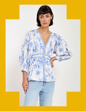 East Print Long Sleeve Blouse, Blue (BLUE), large