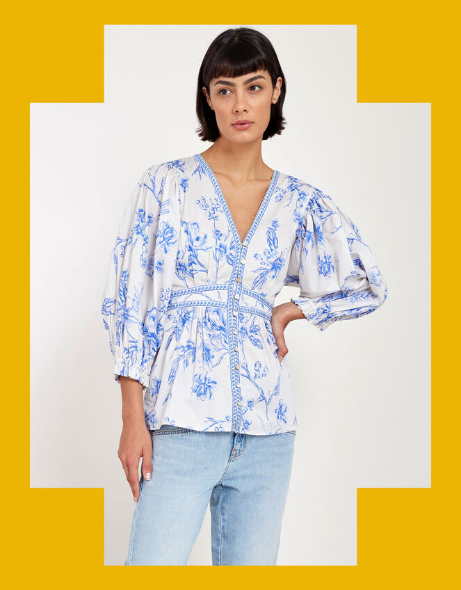 East Print Long Sleeve Blouse, Blue (BLUE), large