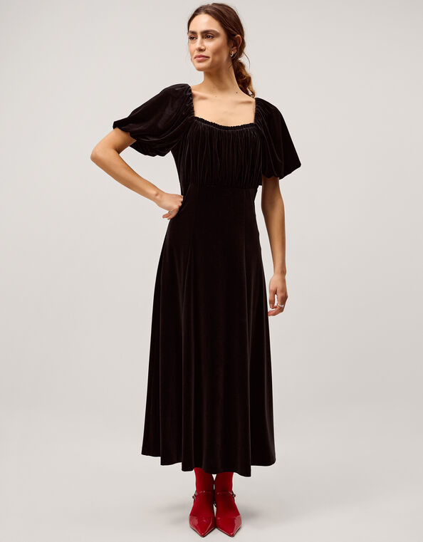 Cynthia Puff Sleeve Velvet Midi Dress, Black (BLACK), large