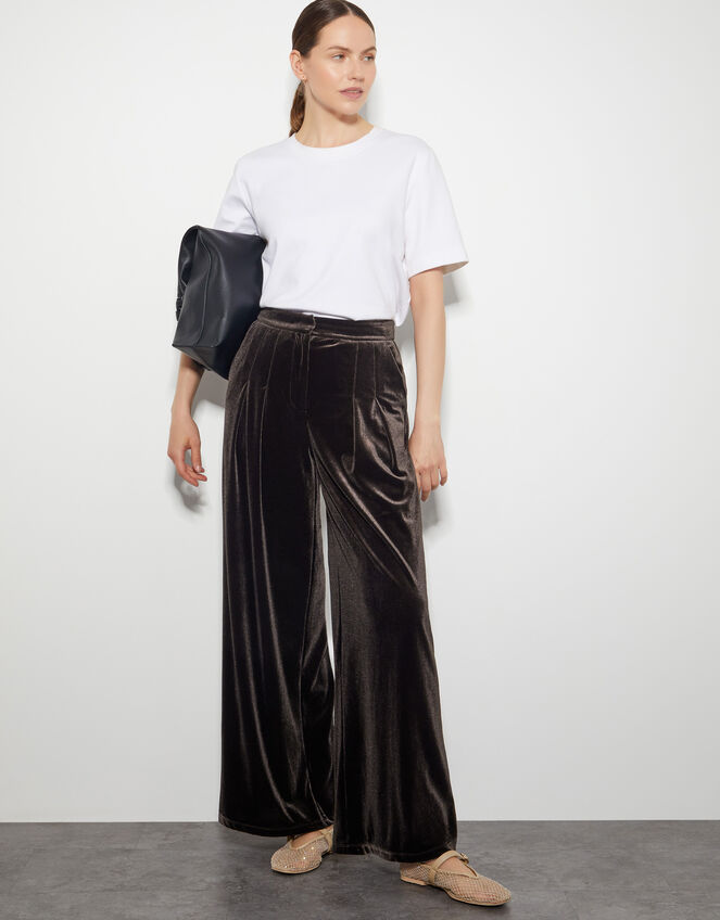 Valery Wide Leg Velvet Trousers, Brown (CHOCOLATE), large