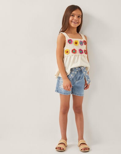 Floral Embroidered Belted Denim Shorts, Blue (BLUE), large